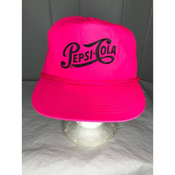 Vintage 80s Pepsi Cola Logo Neon Pink Nylon Rope Trucker Hat Soda adjustable Cap - Picture 1 of 6
